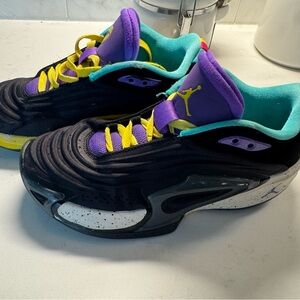 Jordan Kids Black and Purple Sneakers with Yellow Accents